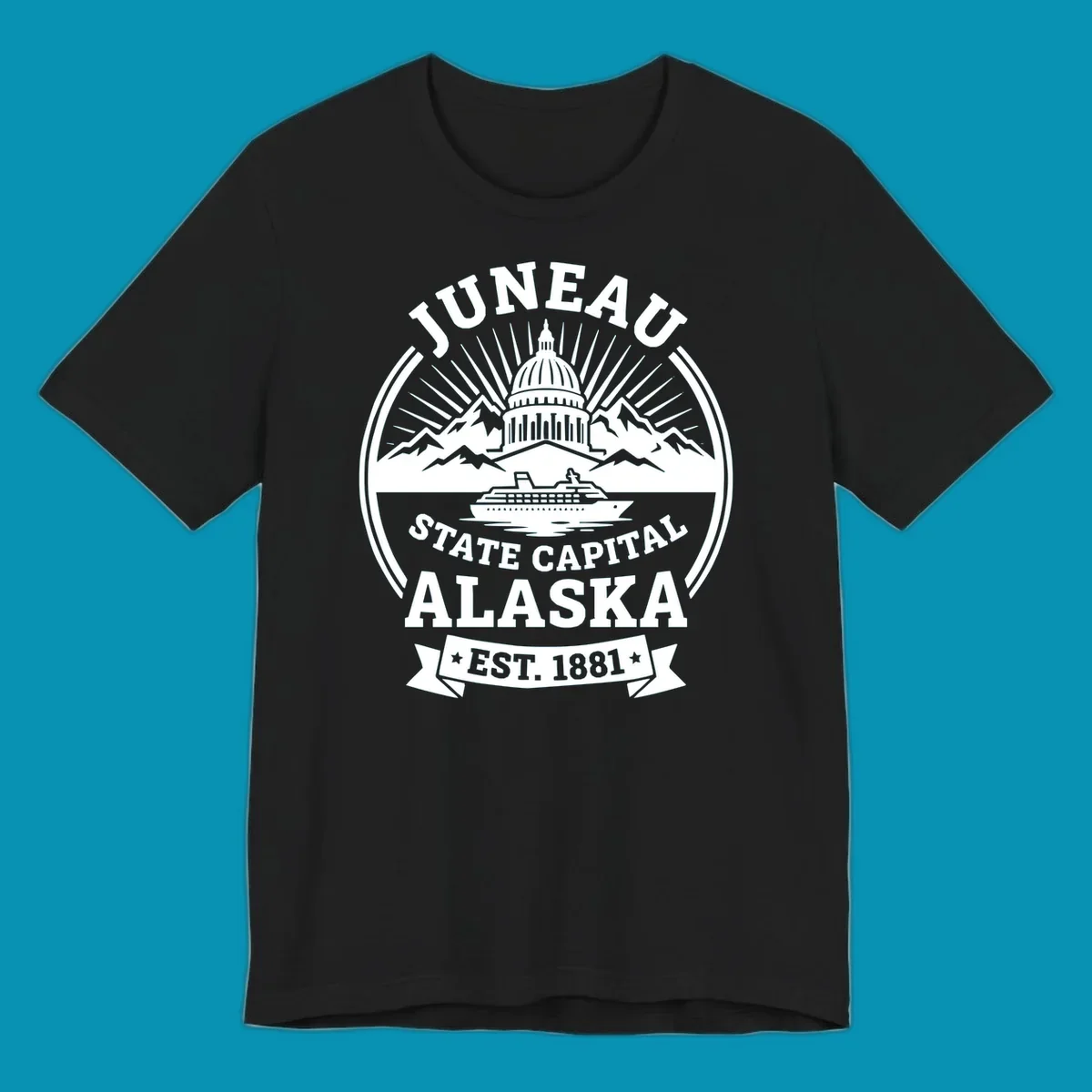 Circular Juneau State Capital Alaska cruise badge with Capitol dome, mountains, ship, and sunburst rays