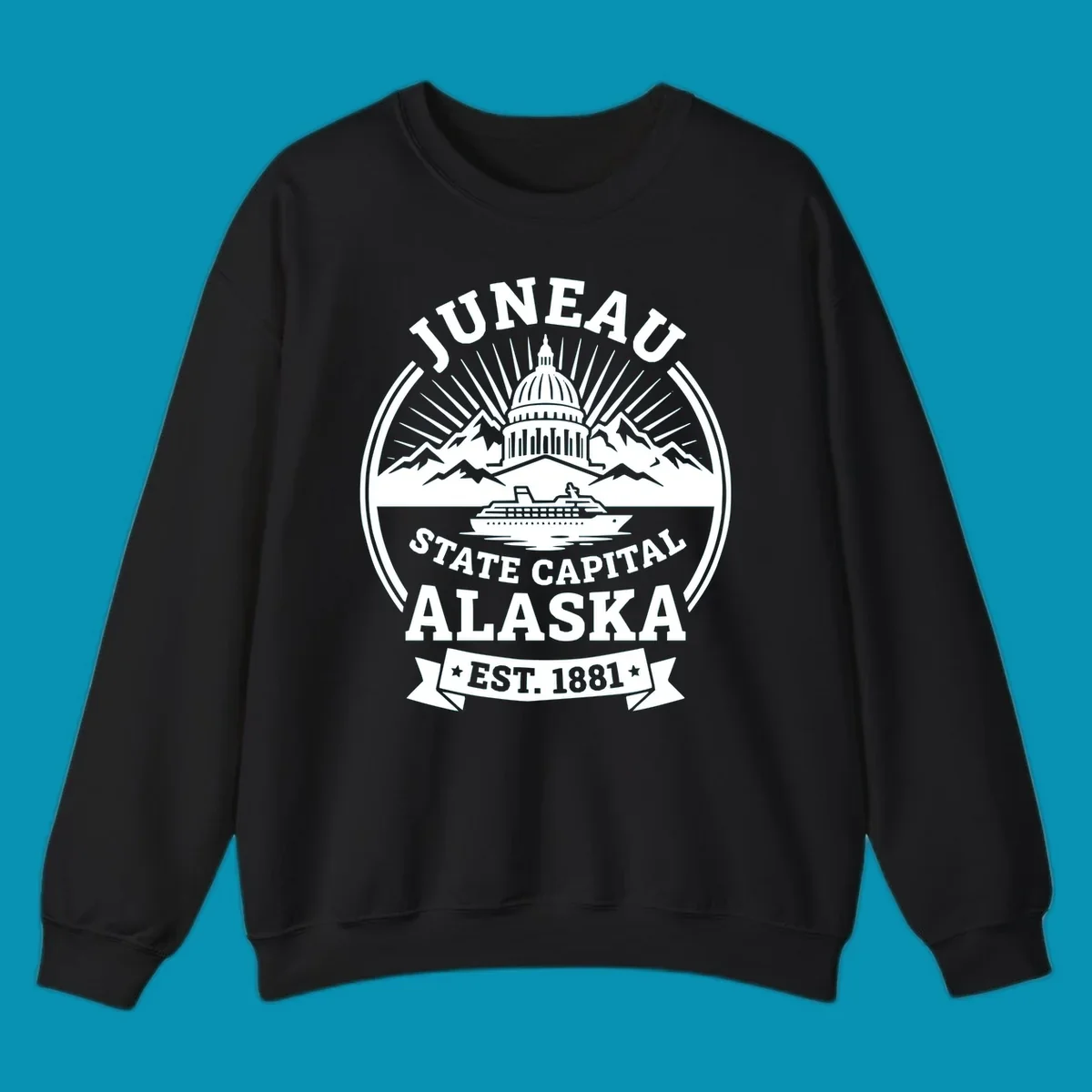 Circular Juneau State Capital Alaska cruise badge with Capitol dome, mountains, ship, and sunburst rays