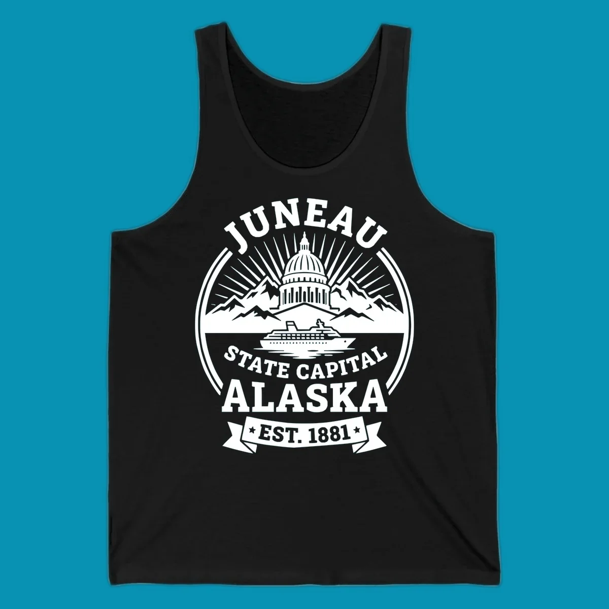 Circular Juneau State Capital Alaska cruise badge with Capitol dome, mountains, ship, and sunburst rays