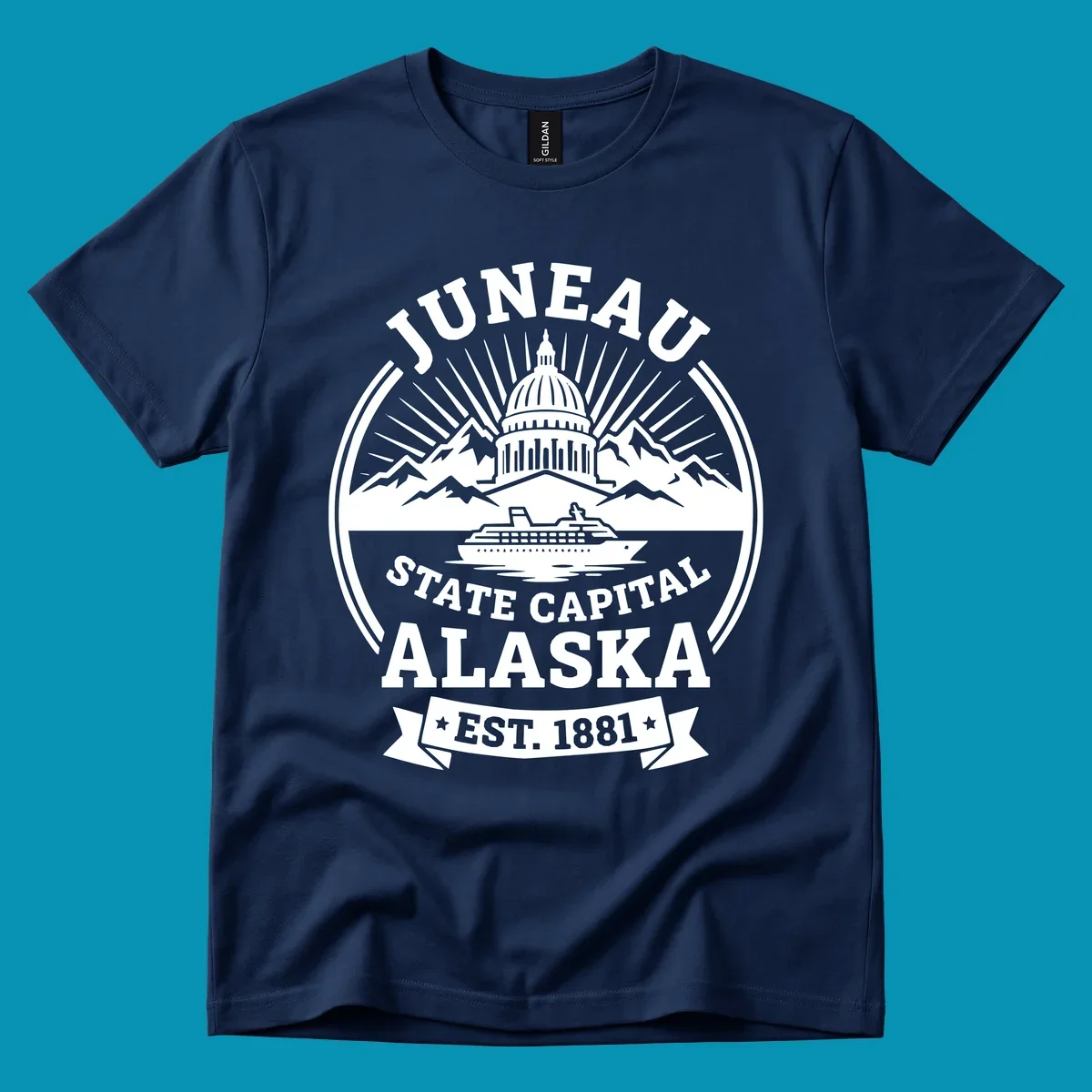 Circular Juneau State Capital Alaska cruise badge with Capitol dome, mountains, ship, and sunburst rays