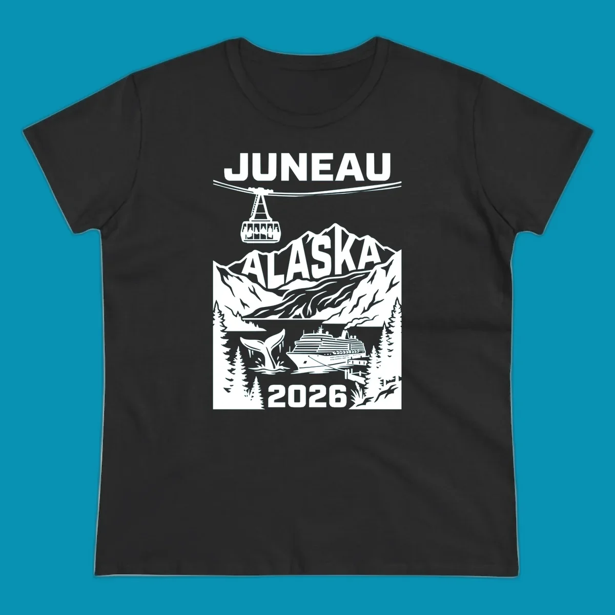 Alaska cruise-themed apparel design featuring vibrant vacation imagery for group-matching cruise shirts