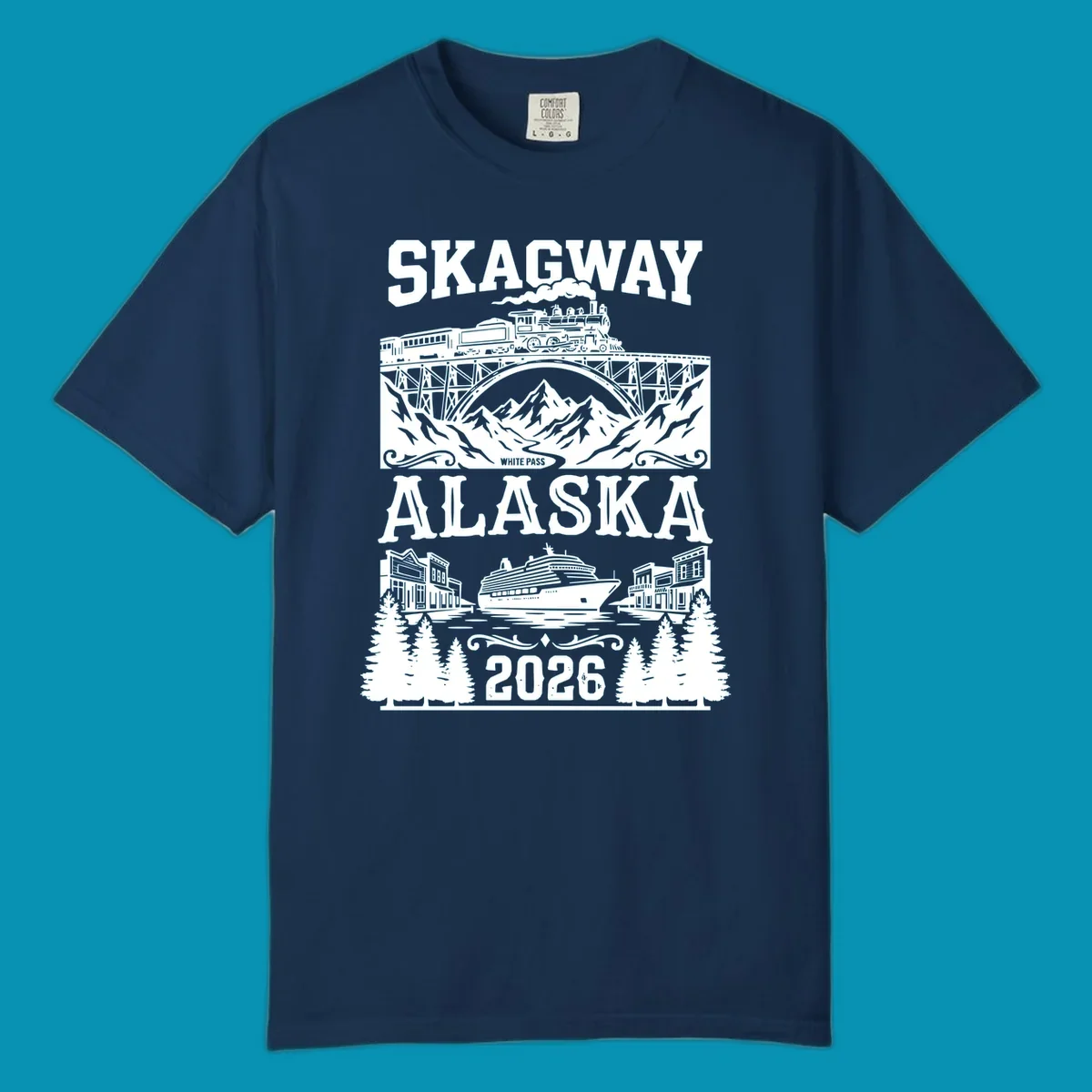 Vintage illustration of Skagway White Pass railroad crossing trestle bridge over mountains with cruise ship and historic buildings, 2026 Alaska design