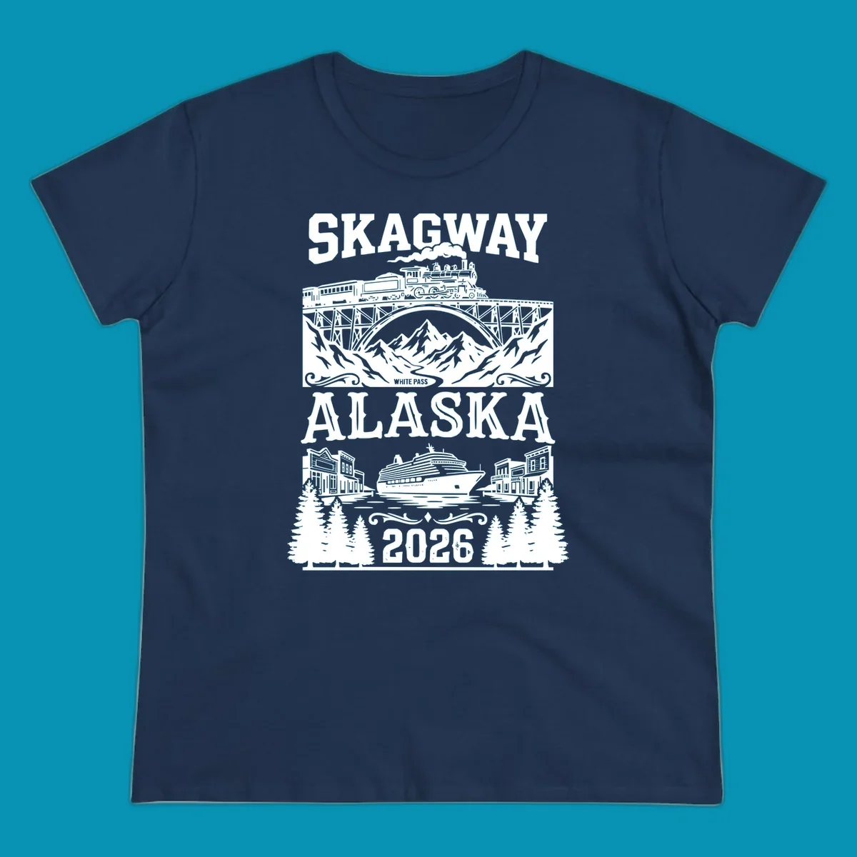 Vintage illustration of Skagway White Pass railroad crossing trestle bridge over mountains with cruise ship and historic buildings, 2026 Alaska design