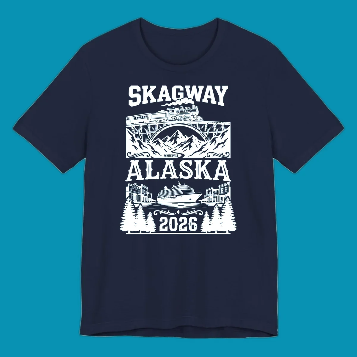 Vintage illustration of Skagway White Pass railroad crossing trestle bridge over mountains with cruise ship and historic buildings, 2026 Alaska design