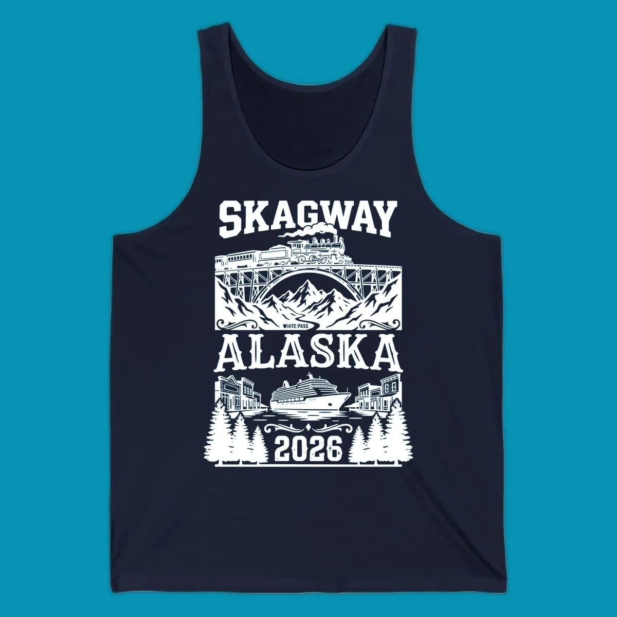 Vintage illustration of Skagway White Pass railroad crossing trestle bridge over mountains with cruise ship and historic buildings, 2026 Alaska design