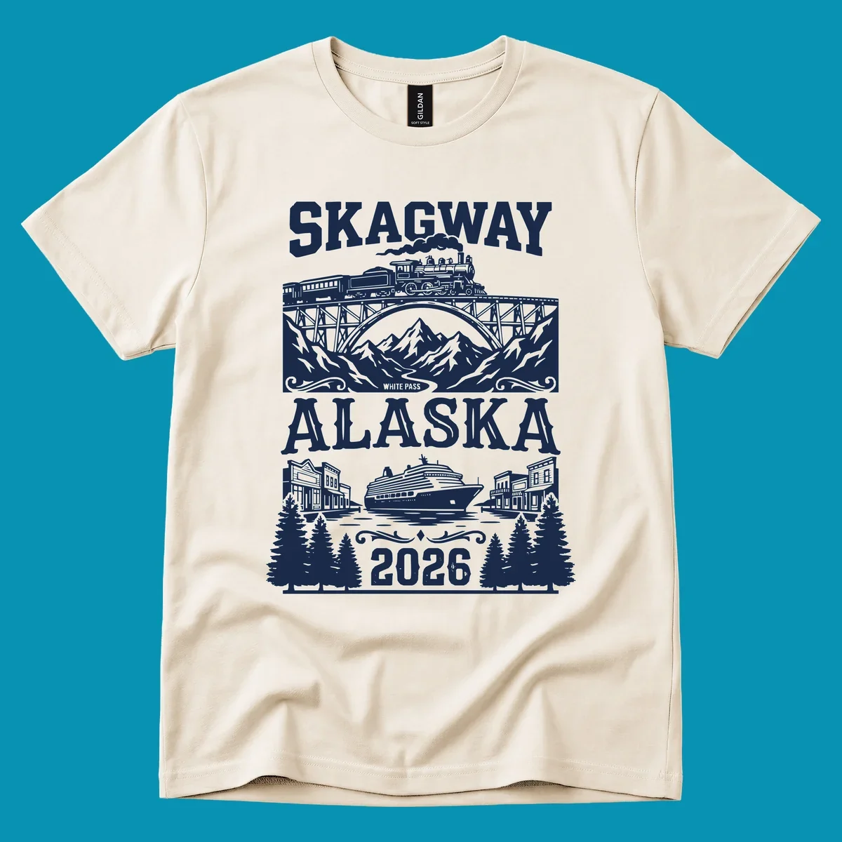 Vintage illustration of Skagway White Pass railroad crossing trestle bridge over mountains with cruise ship and historic buildings, 2026 Alaska design