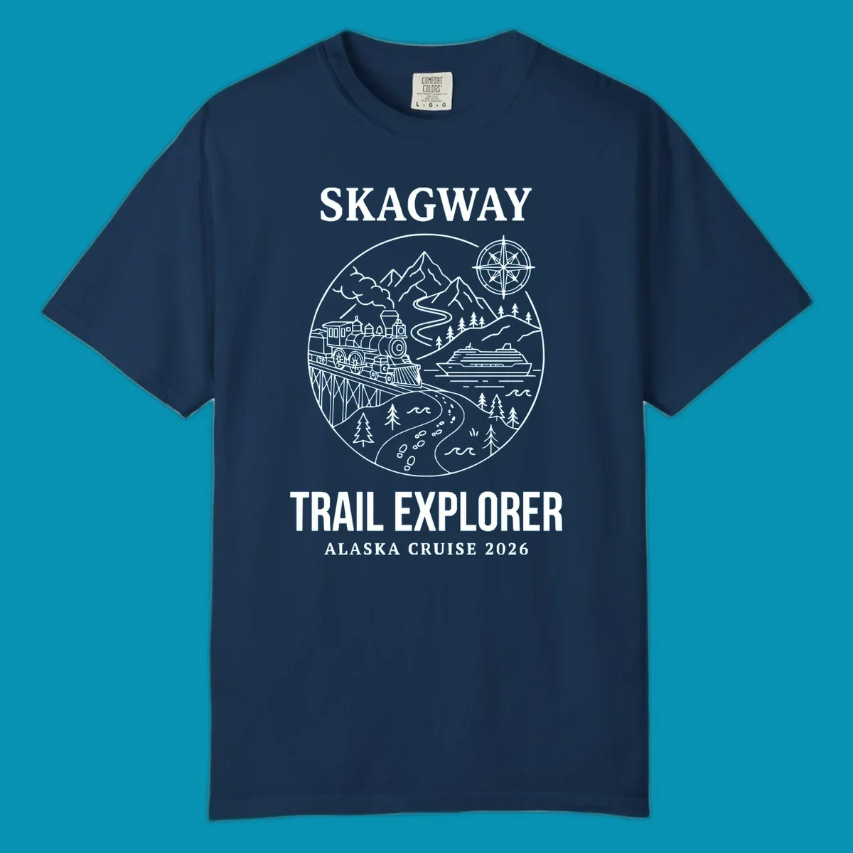 Skagway trail explorer circular badge design featuring vintage steam train, cruise ship, mountains, and forest trails for Alaska cruise apparel