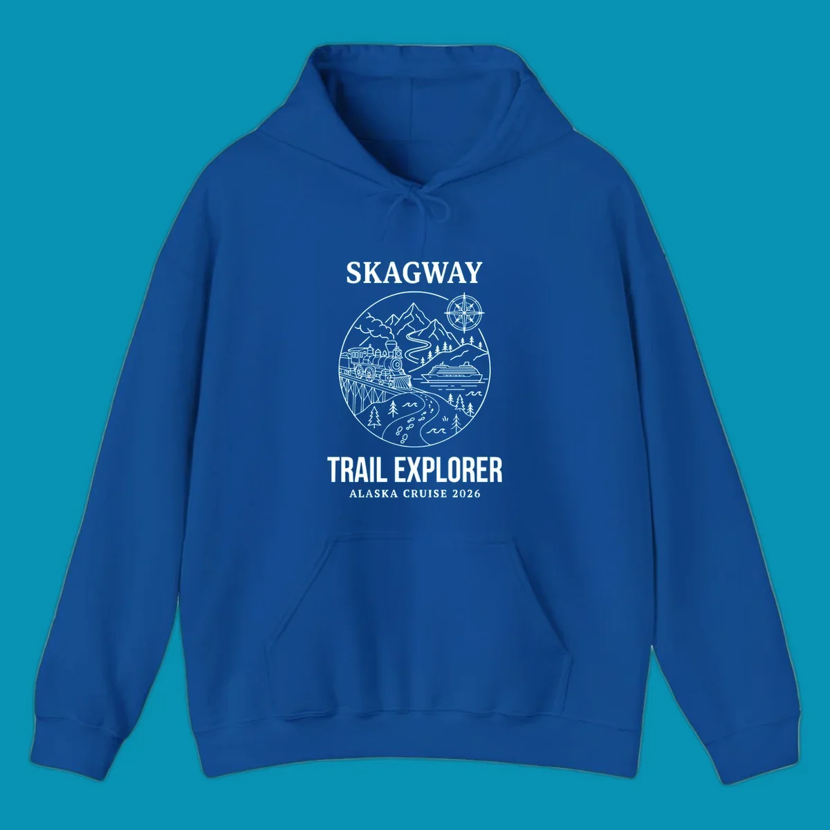 Skagway trail explorer circular badge design featuring vintage steam train, cruise ship, mountains, and forest trails for Alaska cruise apparel