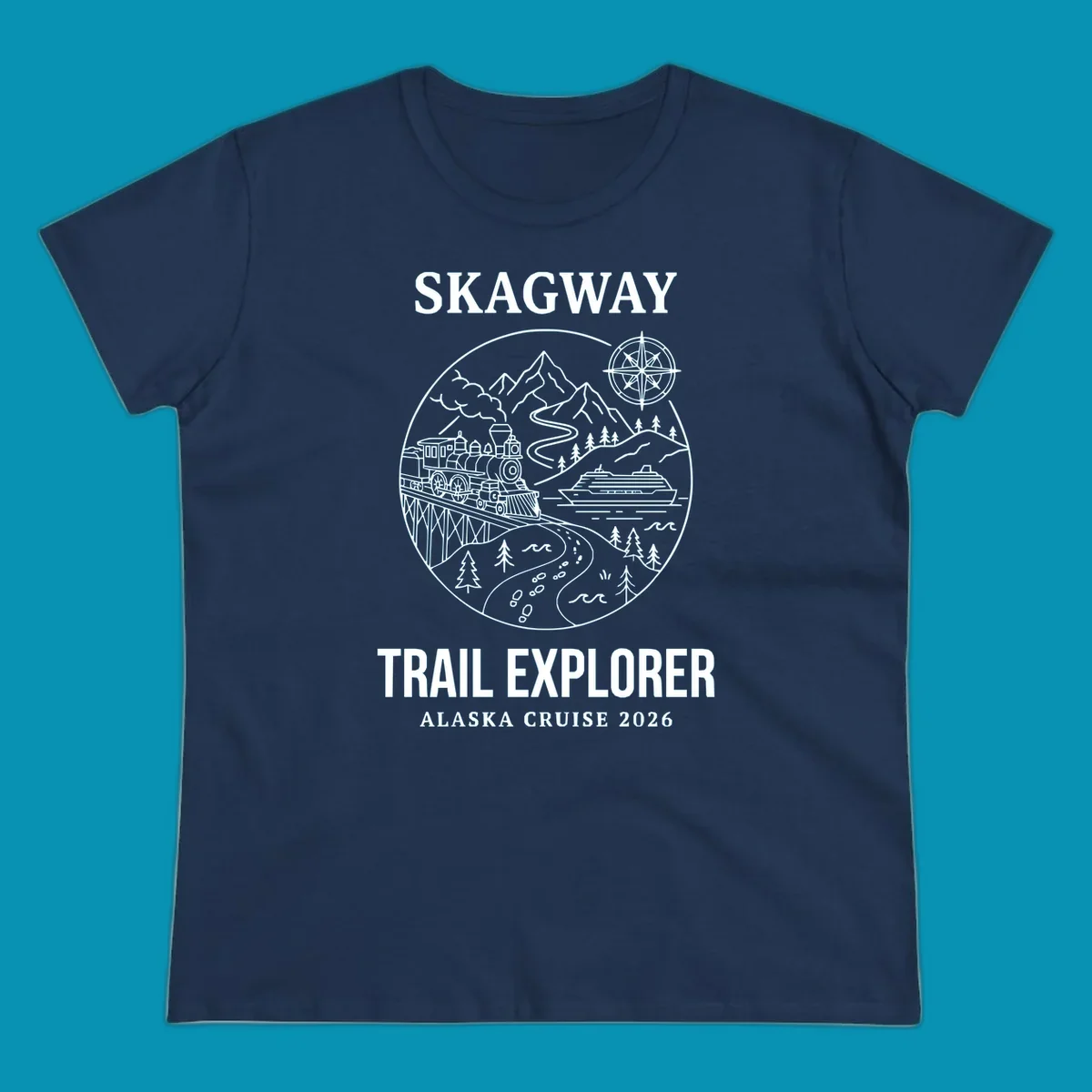 Skagway trail explorer circular badge design featuring vintage steam train, cruise ship, mountains, and forest trails for Alaska cruise apparel