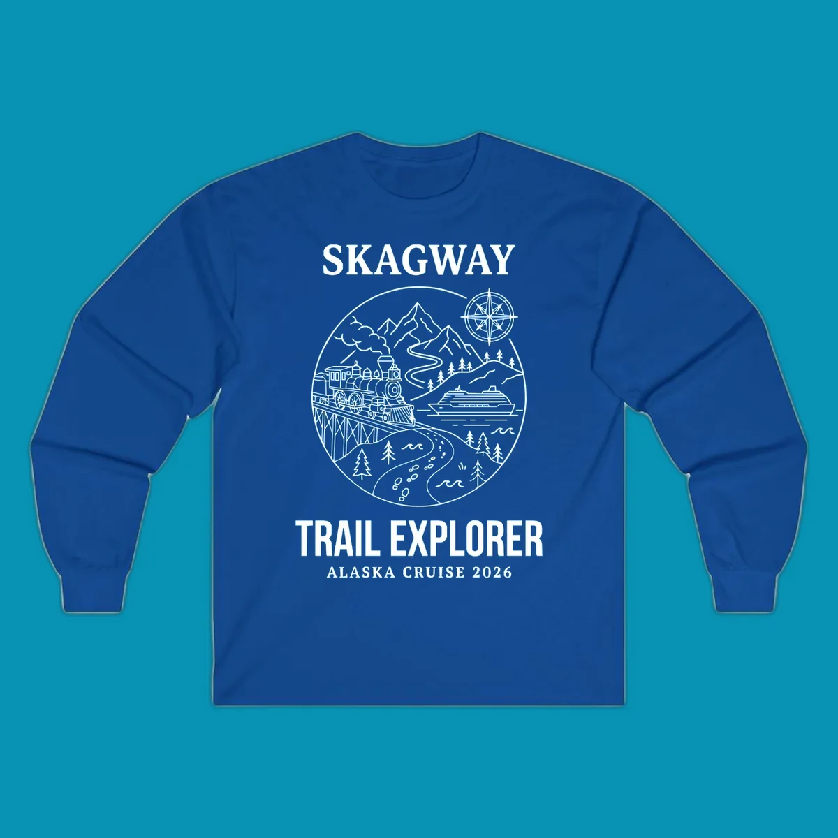 Skagway trail explorer circular badge design featuring vintage steam train, cruise ship, mountains, and forest trails for Alaska cruise apparel