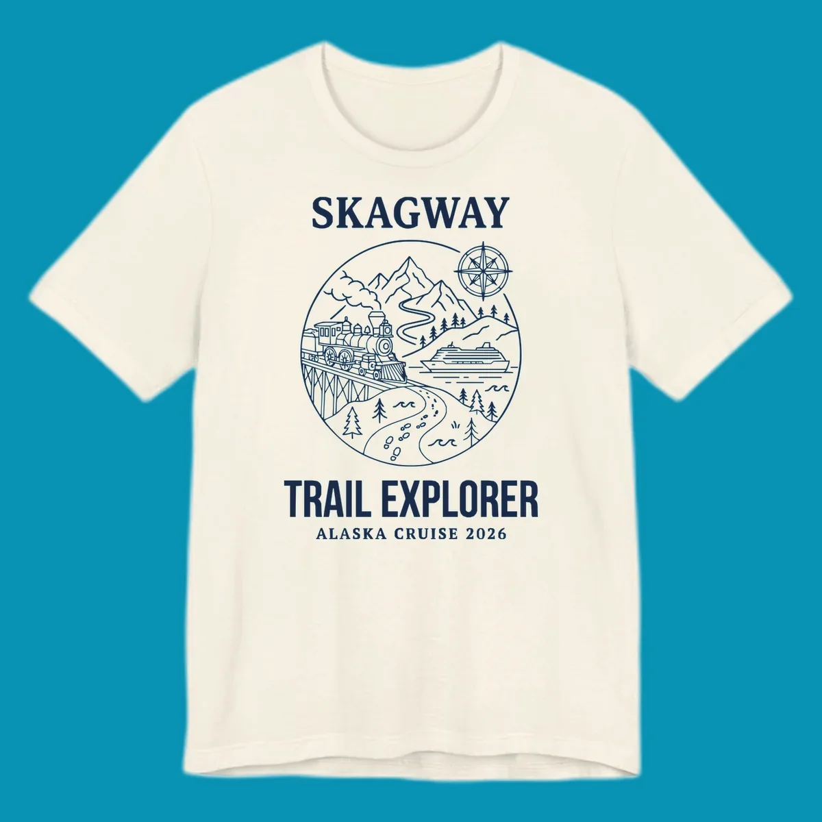 Skagway trail explorer circular badge design featuring vintage steam train, cruise ship, mountains, and forest trails for Alaska cruise apparel