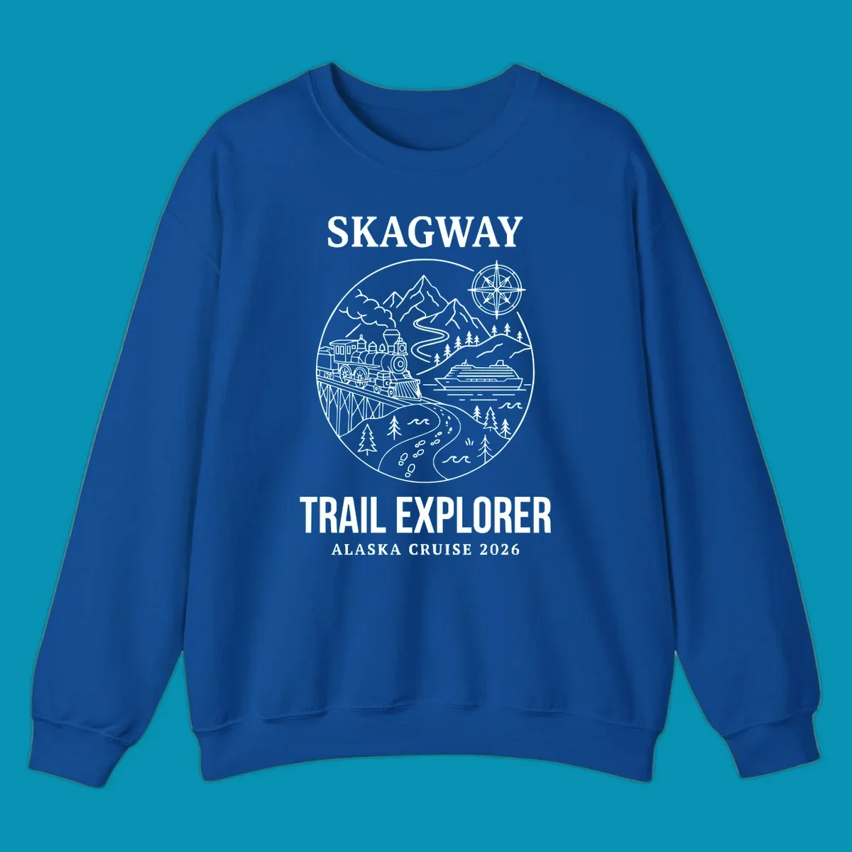 Skagway trail explorer circular badge design featuring vintage steam train, cruise ship, mountains, and forest trails for Alaska cruise apparel
