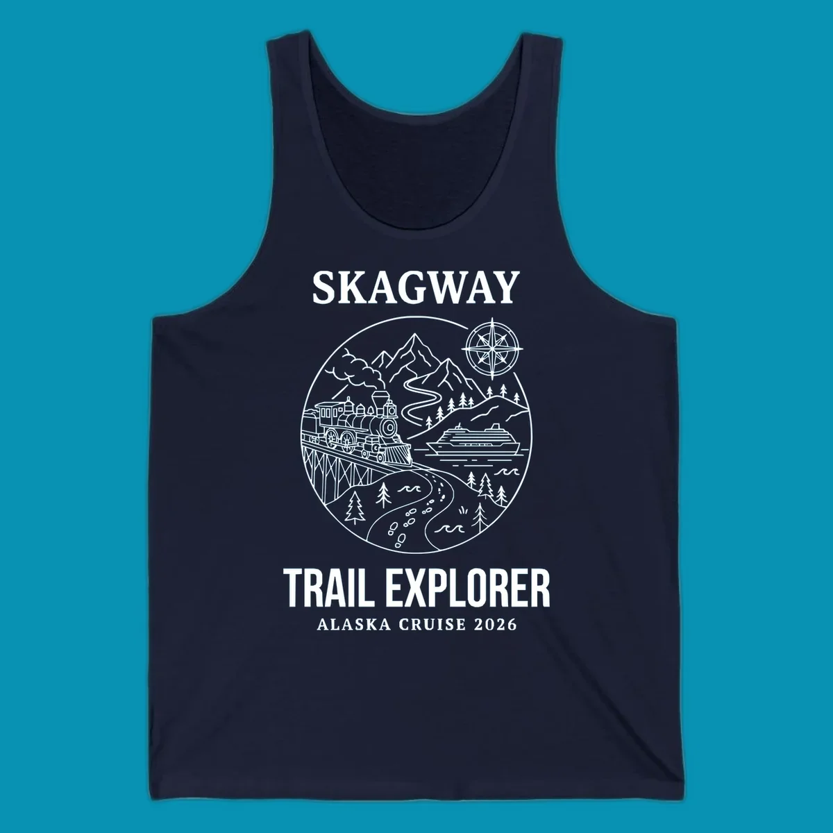 Skagway trail explorer circular badge design featuring vintage steam train, cruise ship, mountains, and forest trails for Alaska cruise apparel