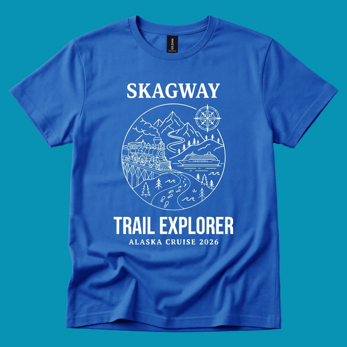 Skagway trail explorer circular badge design featuring vintage steam train, cruise ship, mountains, and forest trails for Alaska cruise apparel