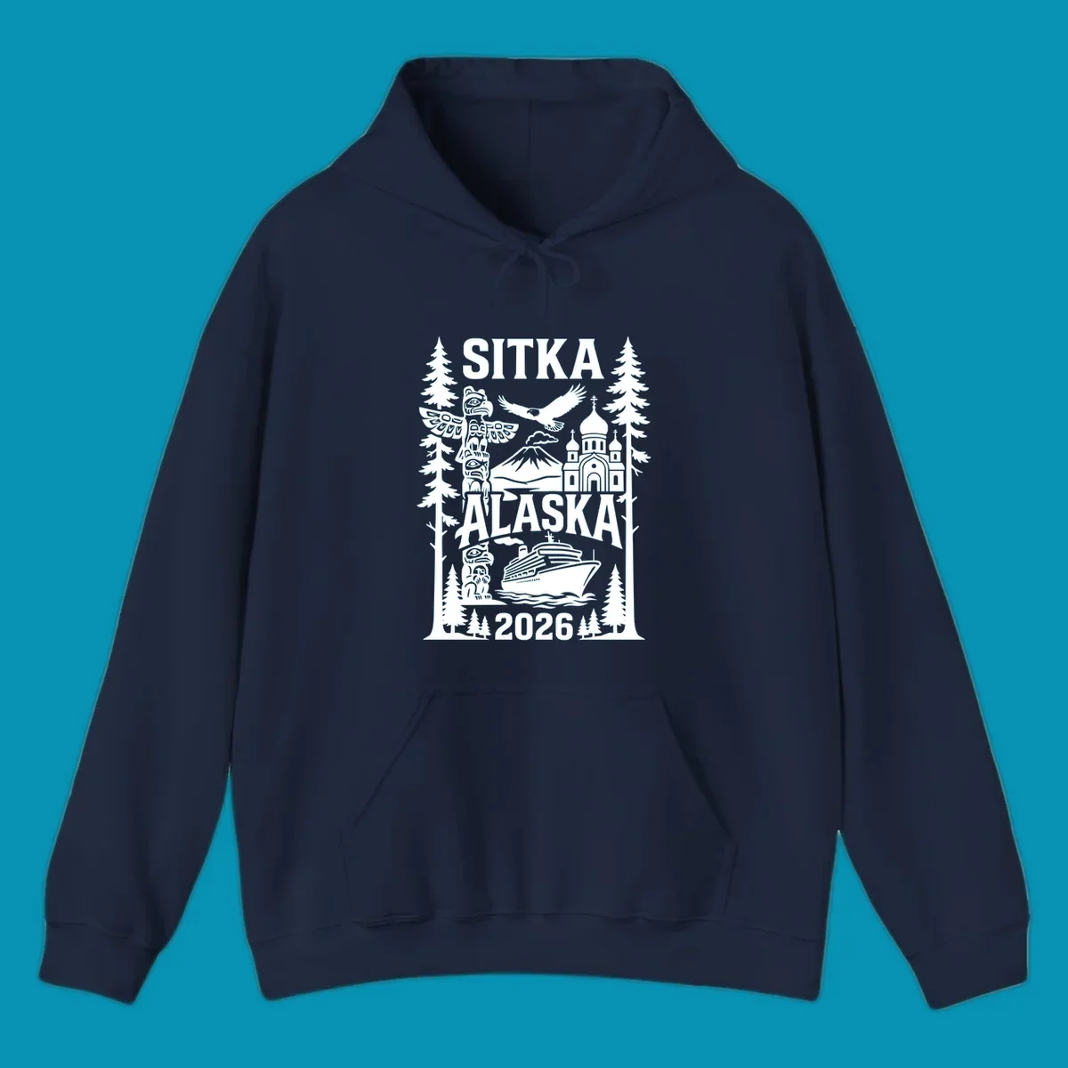 Sitka Alaska cruise heritage design with totem poles, Russian Orthodox cathedral, bald eagle, cruise ship, and evergreen trees