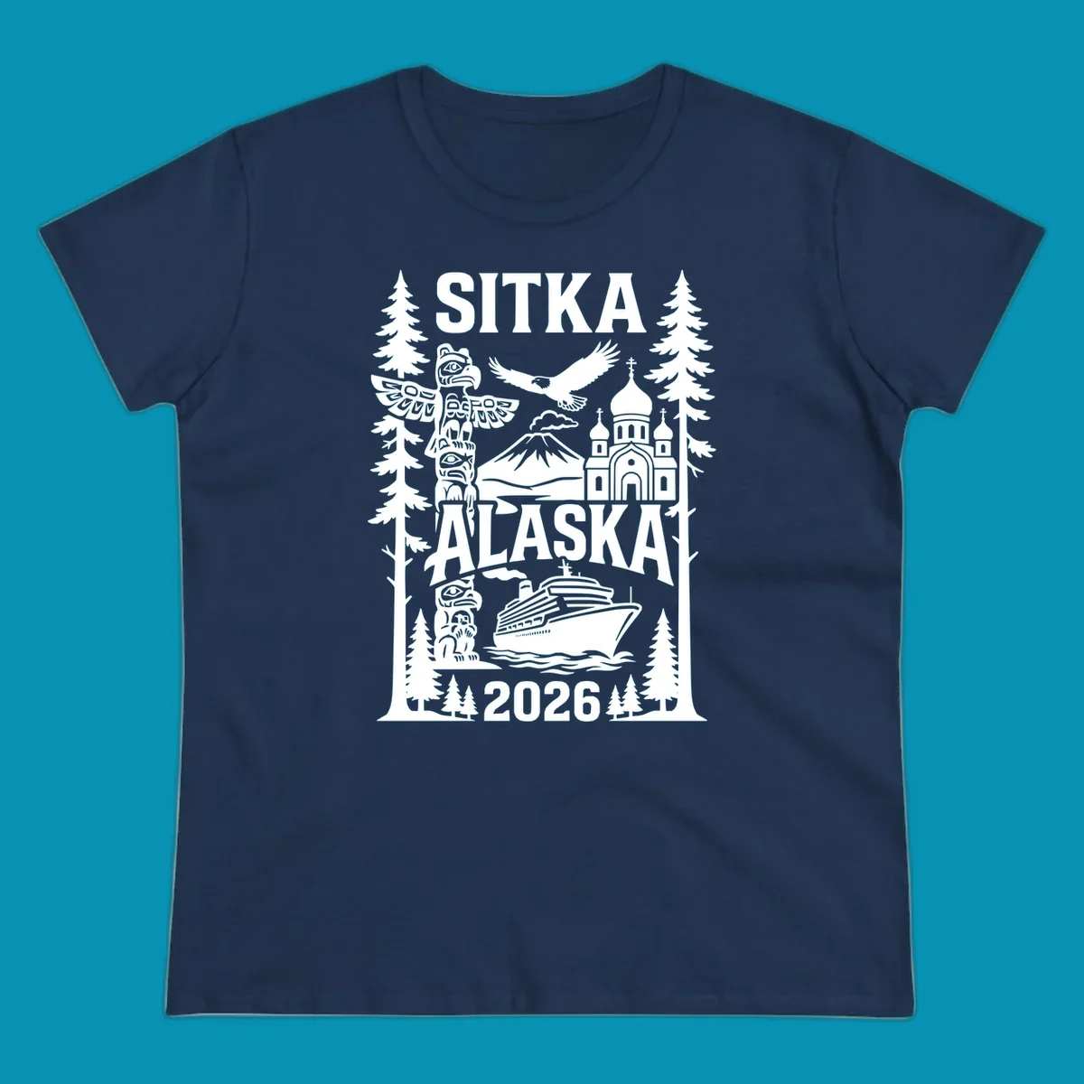 Sitka Alaska cruise heritage design with totem poles, Russian Orthodox cathedral, bald eagle, cruise ship, and evergreen trees