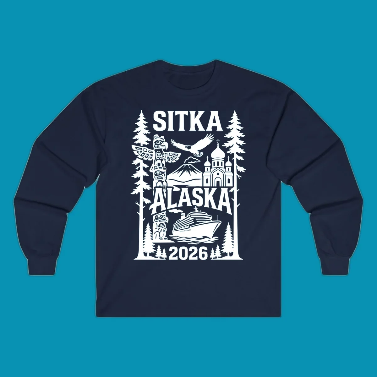 Sitka Alaska cruise heritage design with totem poles, Russian Orthodox cathedral, bald eagle, cruise ship, and evergreen trees