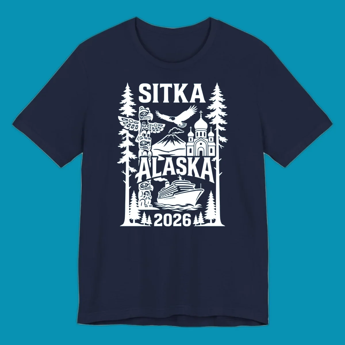 Sitka Alaska cruise heritage design with totem poles, Russian Orthodox cathedral, bald eagle, cruise ship, and evergreen trees