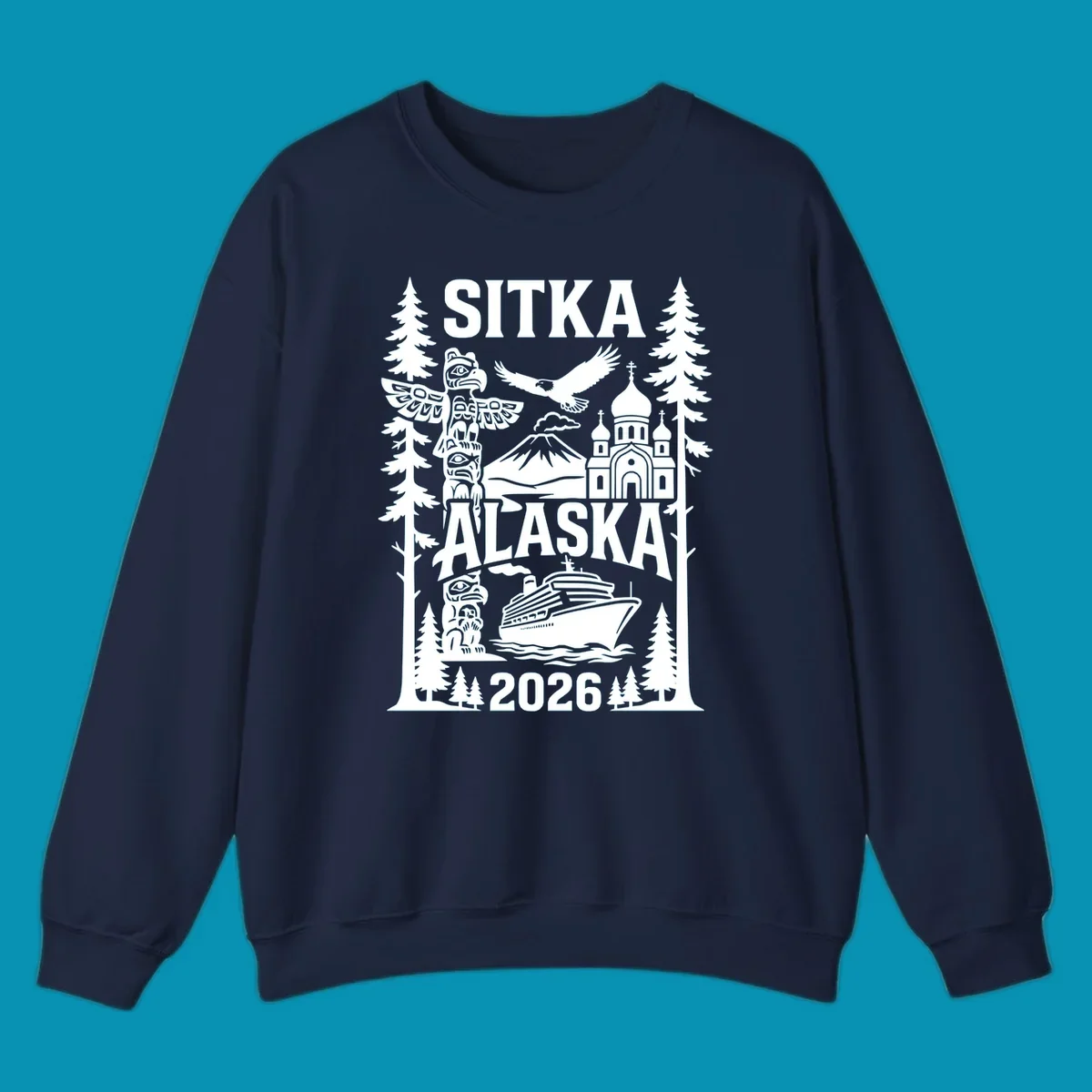 Sitka Alaska cruise heritage design with totem poles, Russian Orthodox cathedral, bald eagle, cruise ship, and evergreen trees