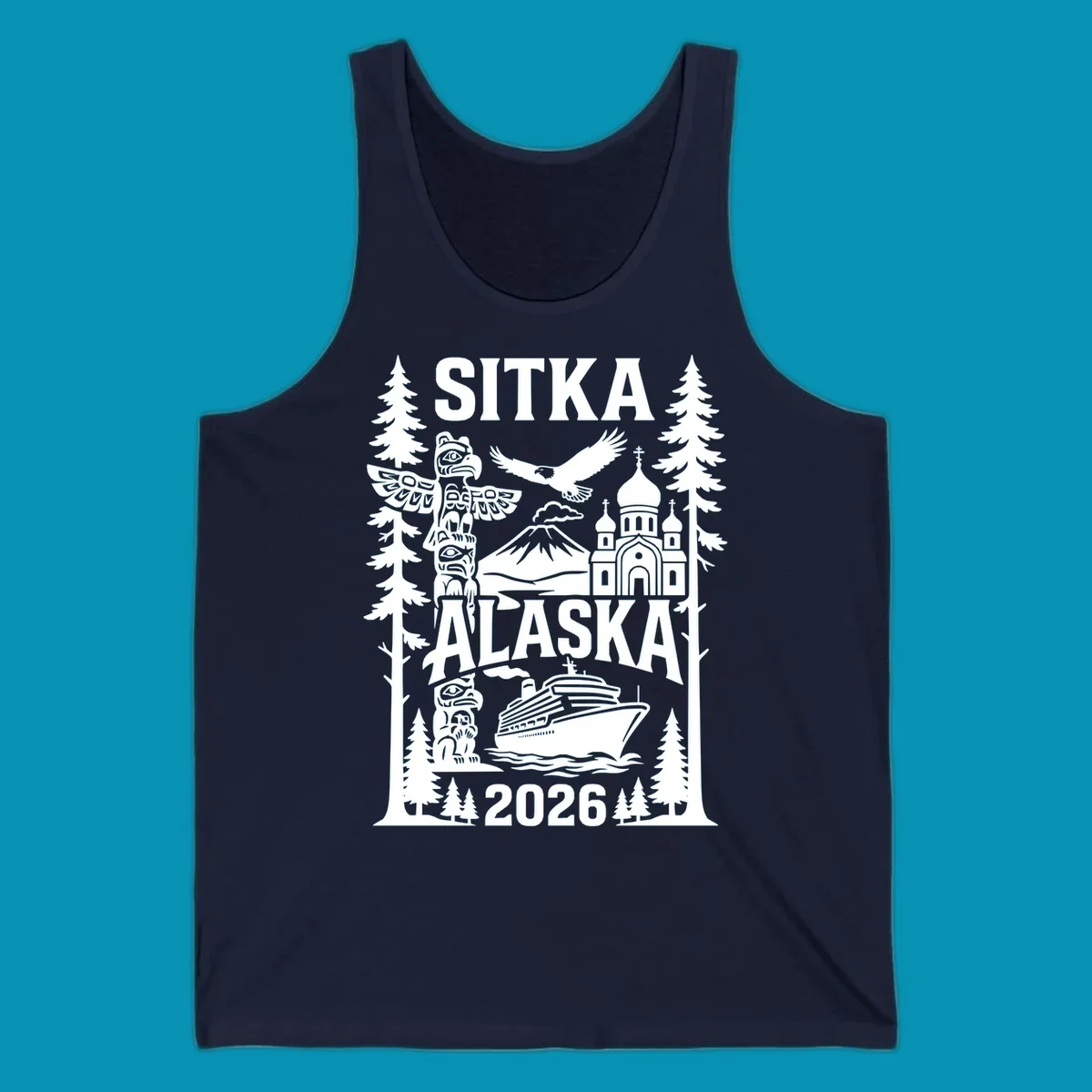 Sitka Alaska cruise heritage design with totem poles, Russian Orthodox cathedral, bald eagle, cruise ship, and evergreen trees
