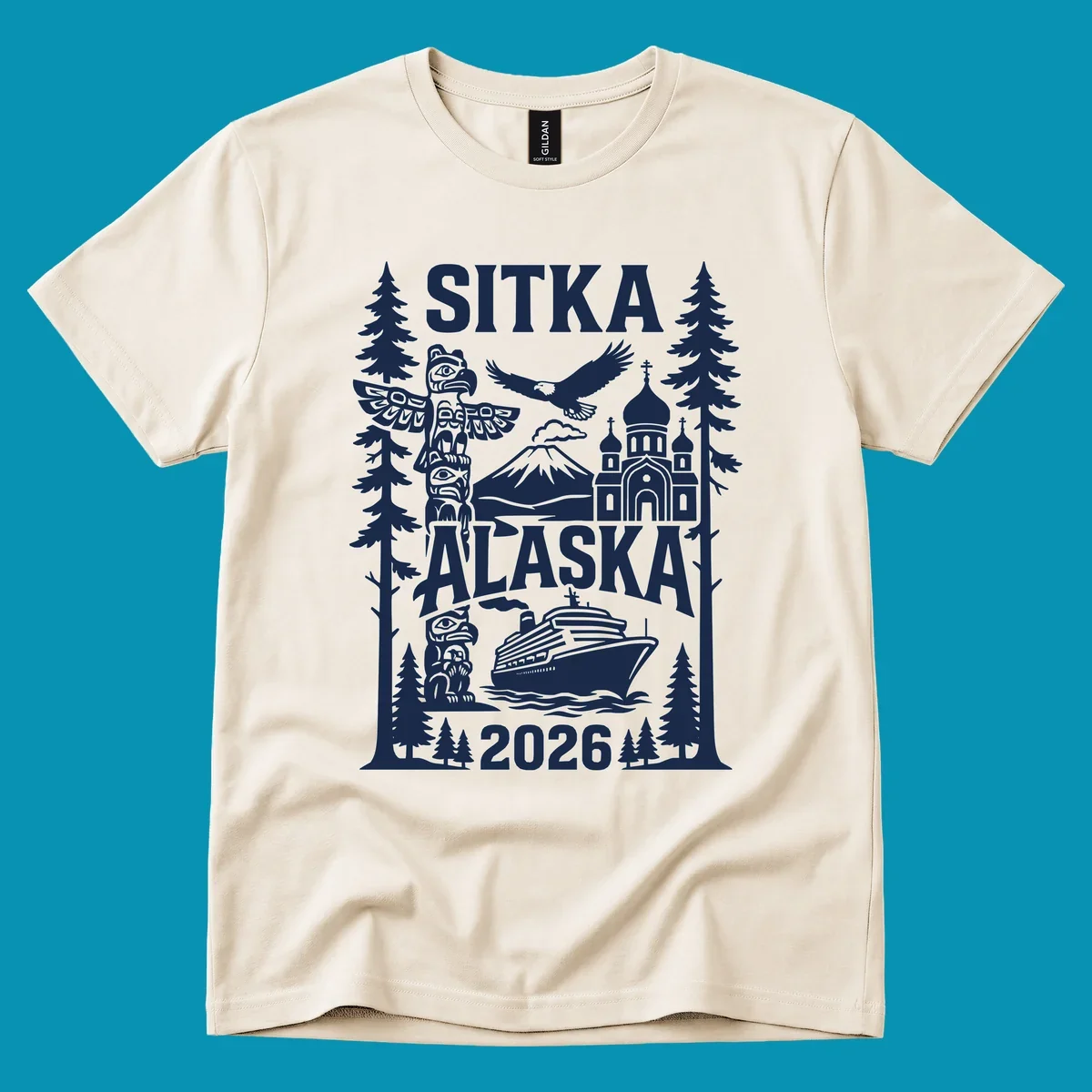 Sitka Alaska cruise heritage design with totem poles, Russian Orthodox cathedral, bald eagle, cruise ship, and evergreen trees