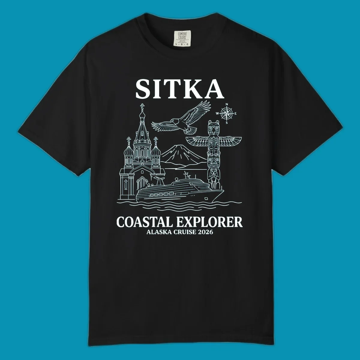 Sitka coastal explorer design featuring Russian Orthodox church, totem pole, bald eagle, cruise ship, and Mount Edgecumbe volcano in white line art on gray background