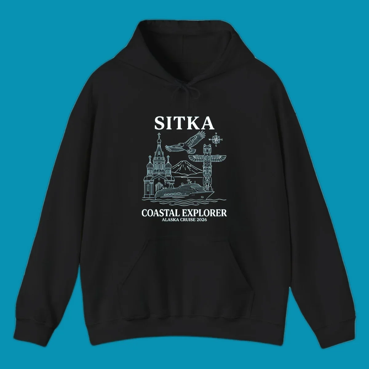 Sitka coastal explorer design featuring Russian Orthodox church, totem pole, bald eagle, cruise ship, and Mount Edgecumbe volcano in white line art on gray background