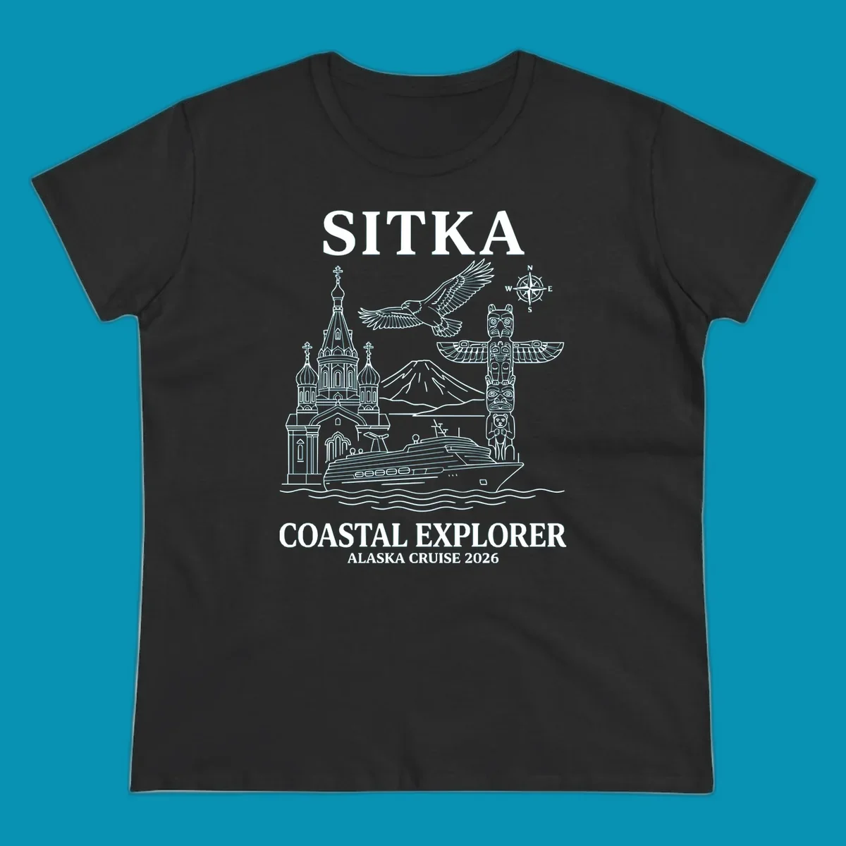 Sitka coastal explorer design featuring Russian Orthodox church, totem pole, bald eagle, cruise ship, and Mount Edgecumbe volcano in white line art on gray background