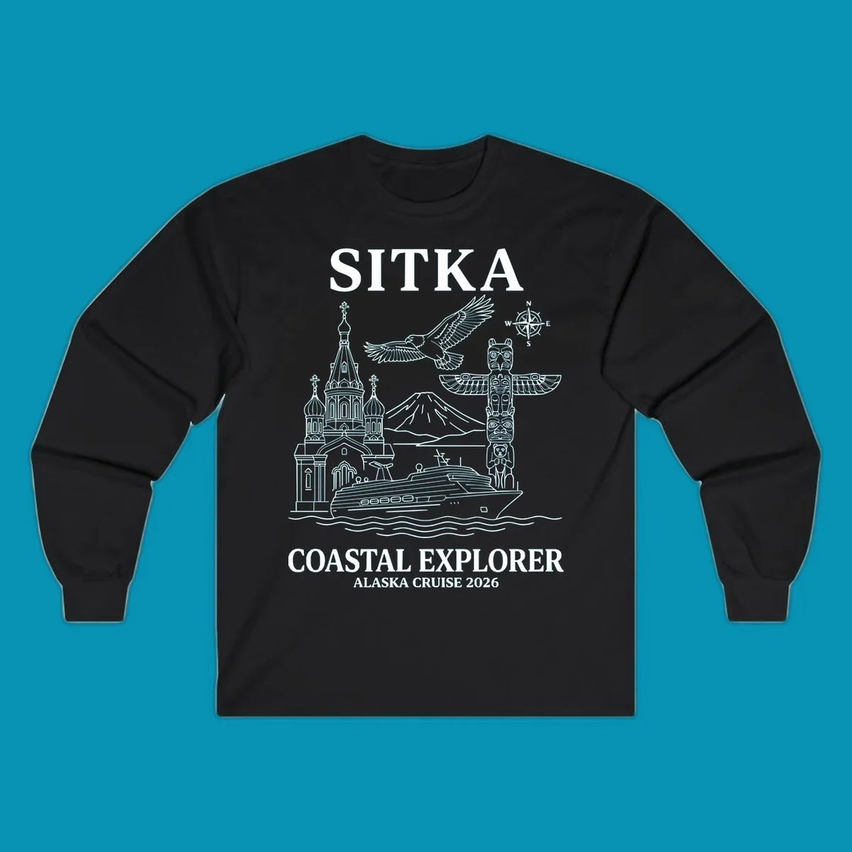 Sitka coastal explorer design featuring Russian Orthodox church, totem pole, bald eagle, cruise ship, and Mount Edgecumbe volcano in white line art on gray background