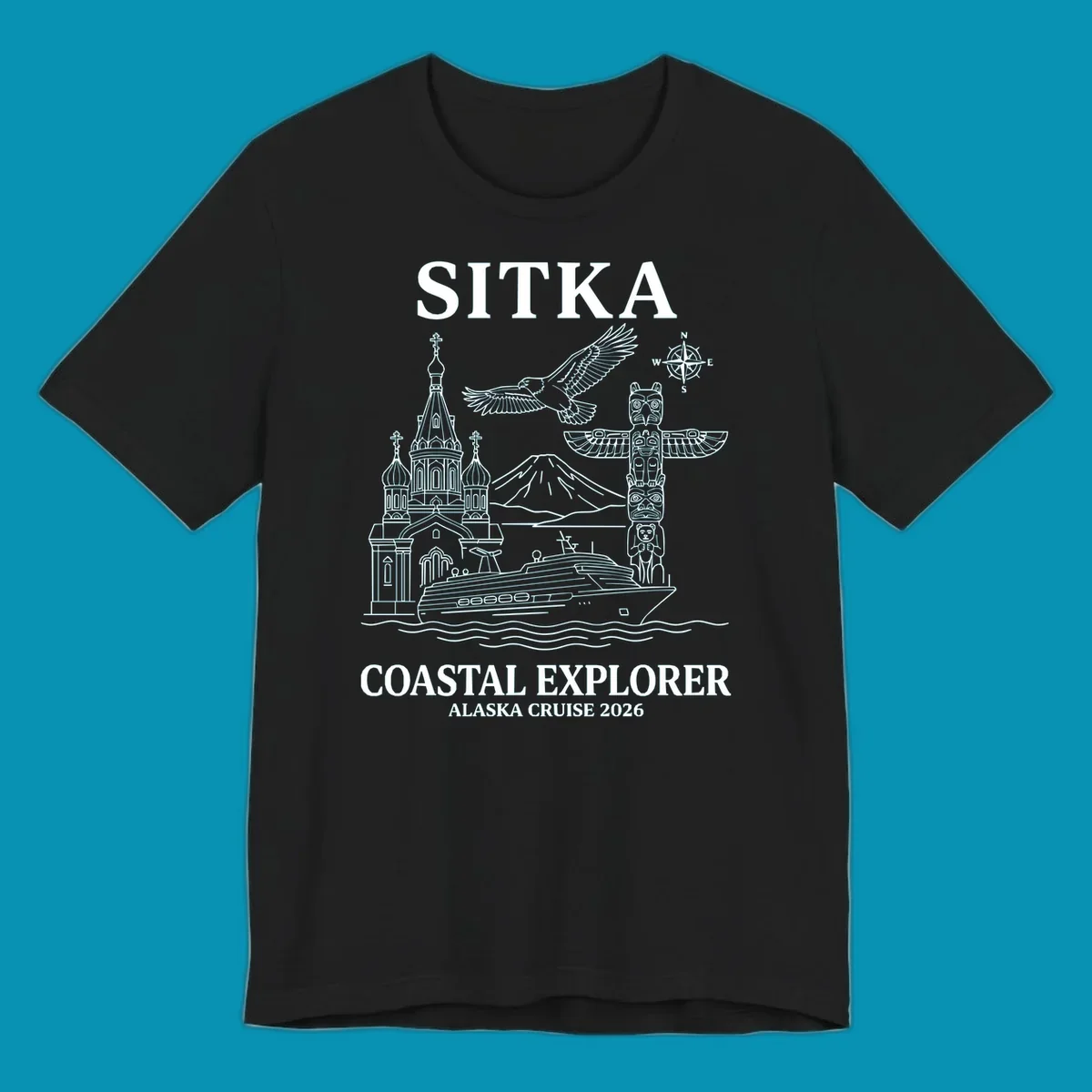 Sitka coastal explorer design featuring Russian Orthodox church, totem pole, bald eagle, cruise ship, and Mount Edgecumbe volcano in white line art on gray background