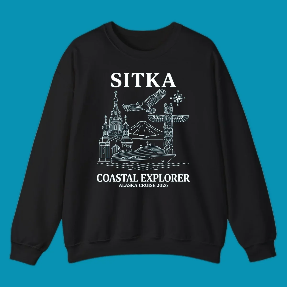 Sitka coastal explorer design featuring Russian Orthodox church, totem pole, bald eagle, cruise ship, and Mount Edgecumbe volcano in white line art on gray background