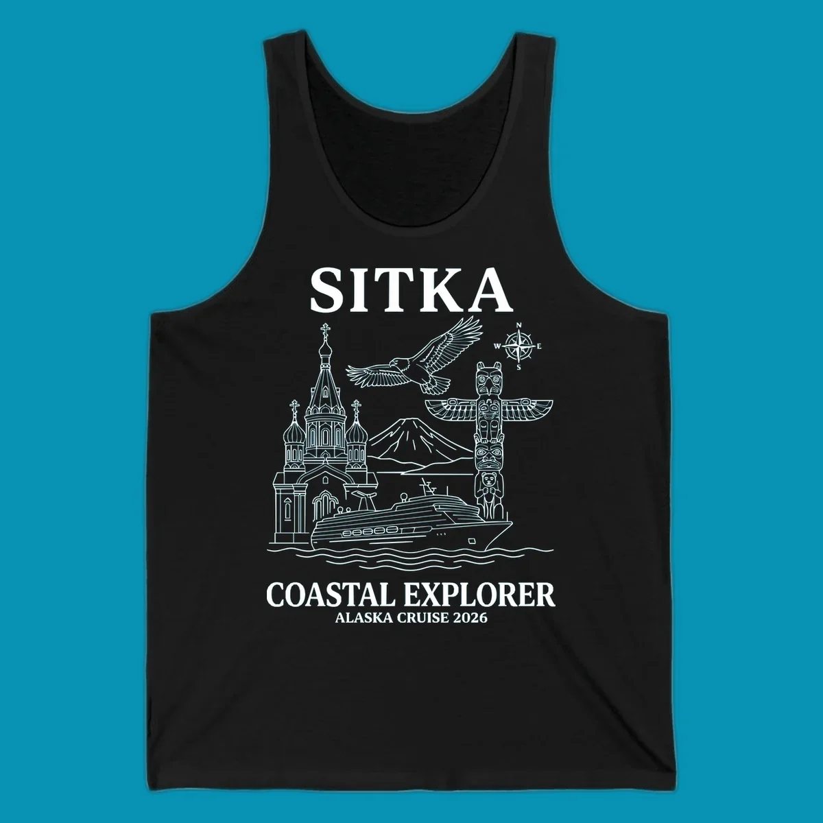 Sitka coastal explorer design featuring Russian Orthodox church, totem pole, bald eagle, cruise ship, and Mount Edgecumbe volcano in white line art on gray background
