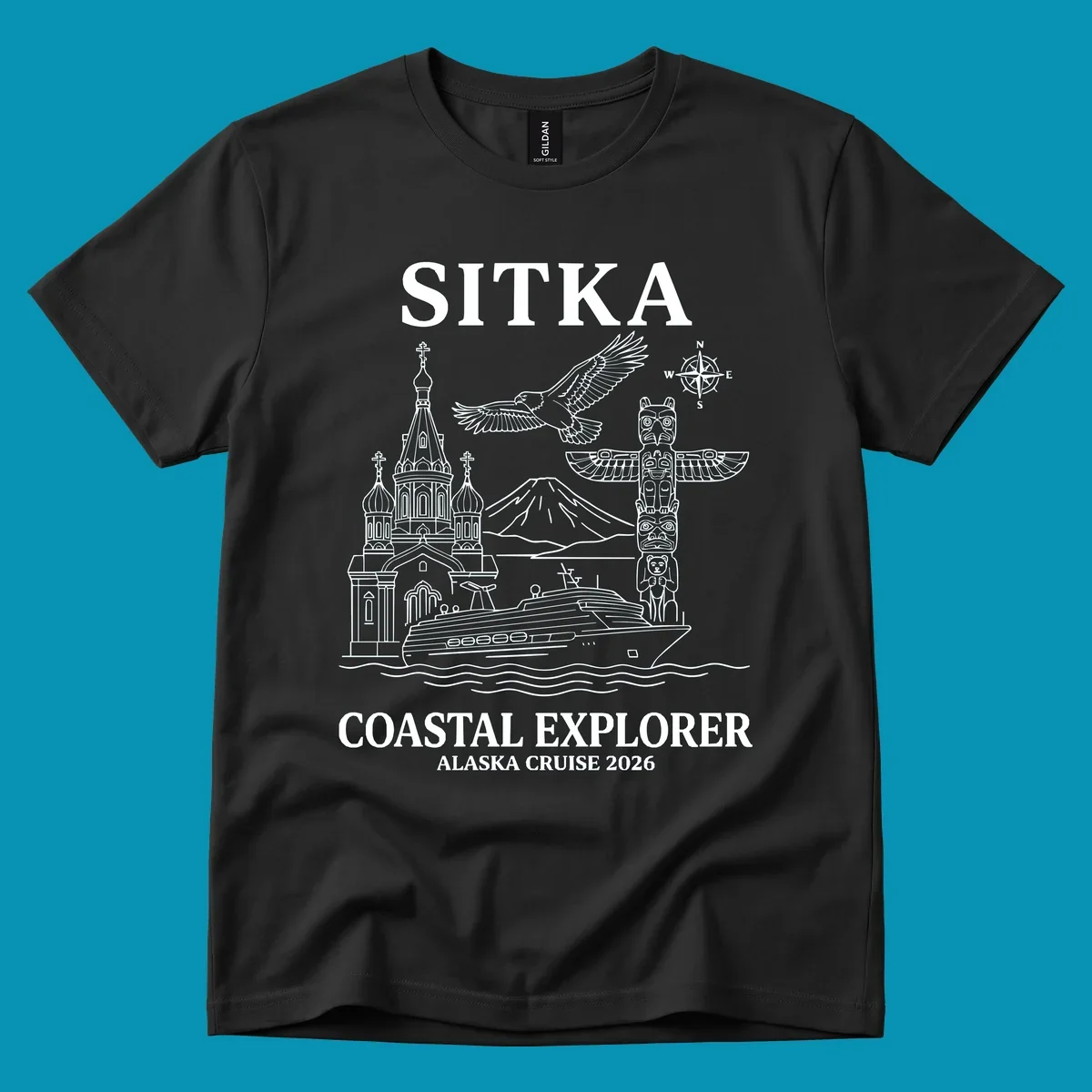 Sitka coastal explorer design featuring Russian Orthodox church, totem pole, bald eagle, cruise ship, and Mount Edgecumbe volcano in white line art on gray background
