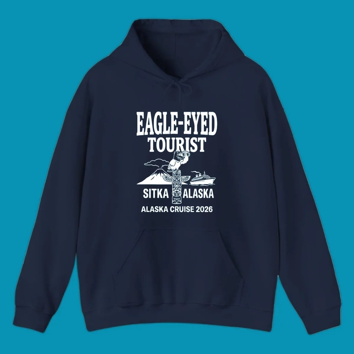 Eagle-eyed tourist design featuring a bald eagle with binoculars, snow mountain, totem pole, and cruise ship for Sitka Alaska 2026