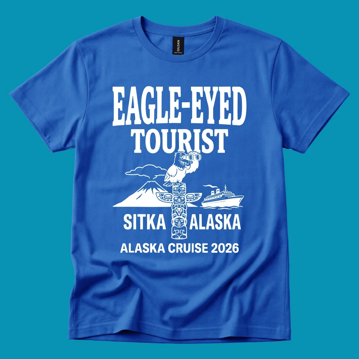 Eagle-eyed tourist design featuring a bald eagle with binoculars, snow mountain, totem pole, and cruise ship for Sitka Alaska 2026