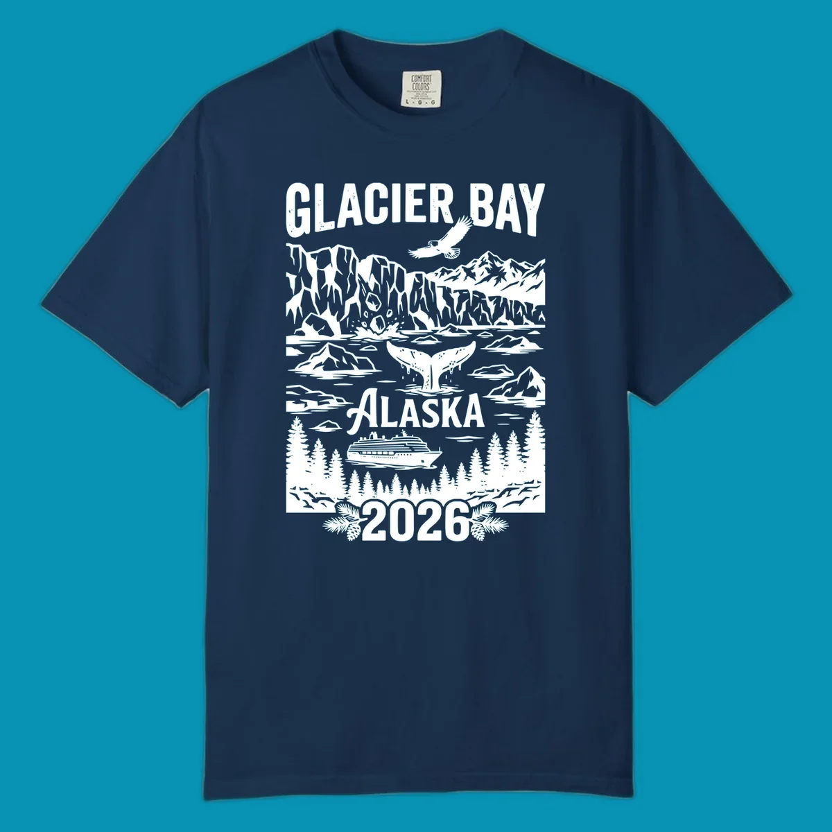 Glacier Bay cruise 2026 design featuring glaciers, bald eagle, whale tail, cruise ship, mountains, and evergreen trees in white illustration on gray background