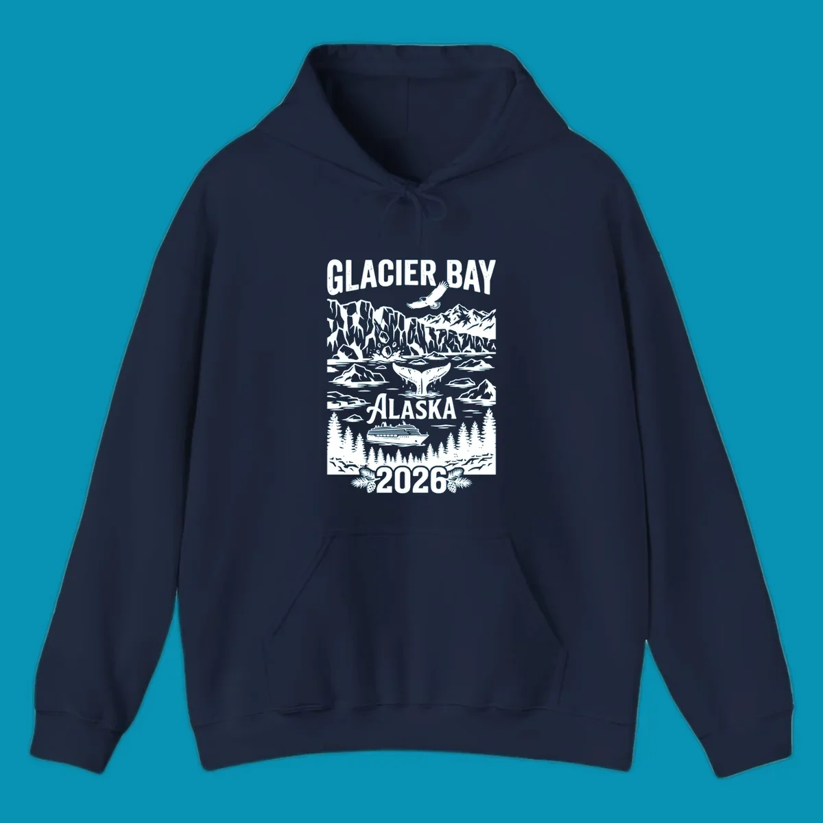 Glacier Bay cruise 2026 design featuring glaciers, bald eagle, whale tail, cruise ship, mountains, and evergreen trees in white illustration on gray background