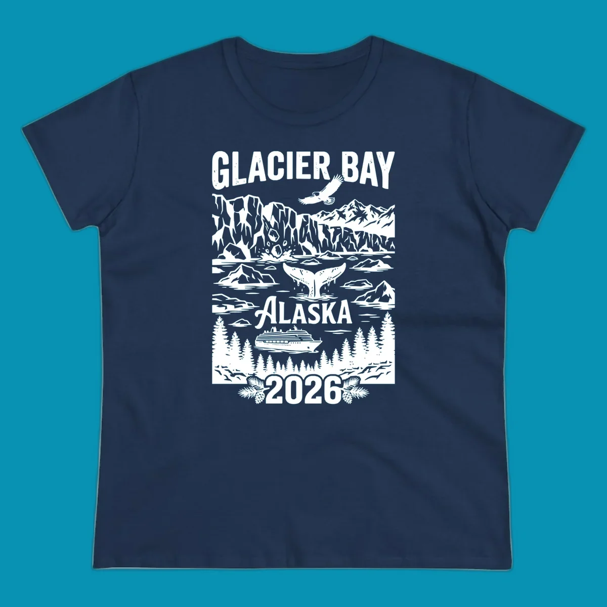 Glacier Bay cruise 2026 design featuring glaciers, bald eagle, whale tail, cruise ship, mountains, and evergreen trees in white illustration on gray background