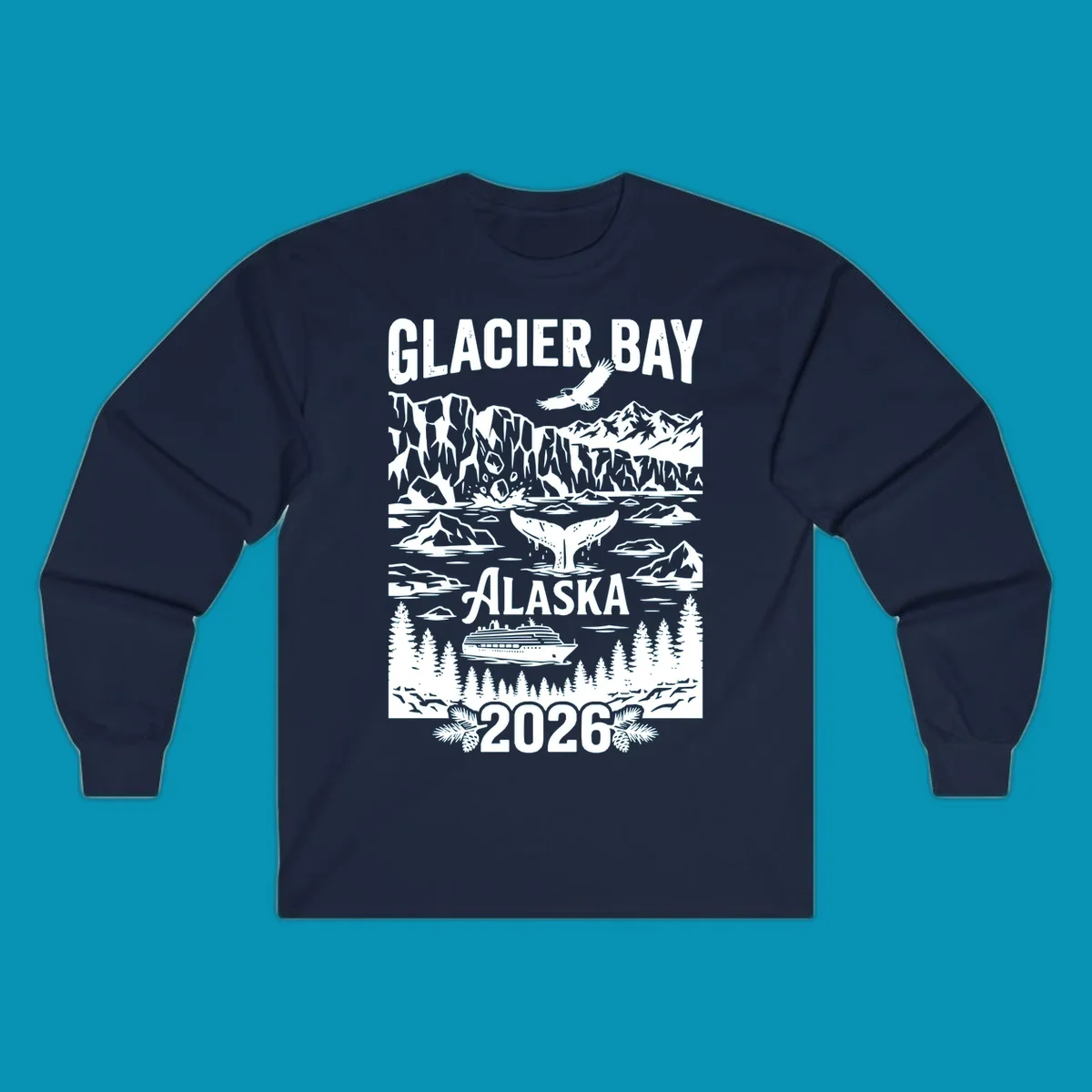 Glacier Bay cruise 2026 design featuring glaciers, bald eagle, whale tail, cruise ship, mountains, and evergreen trees in white illustration on gray background