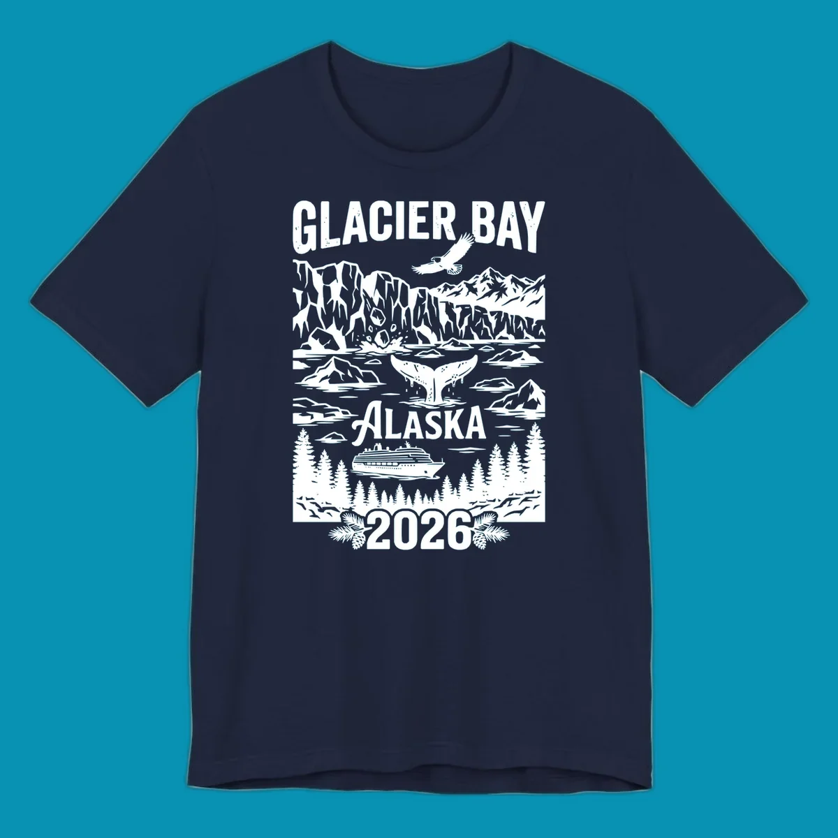 Glacier Bay cruise 2026 design featuring glaciers, bald eagle, whale tail, cruise ship, mountains, and evergreen trees in white illustration on gray background