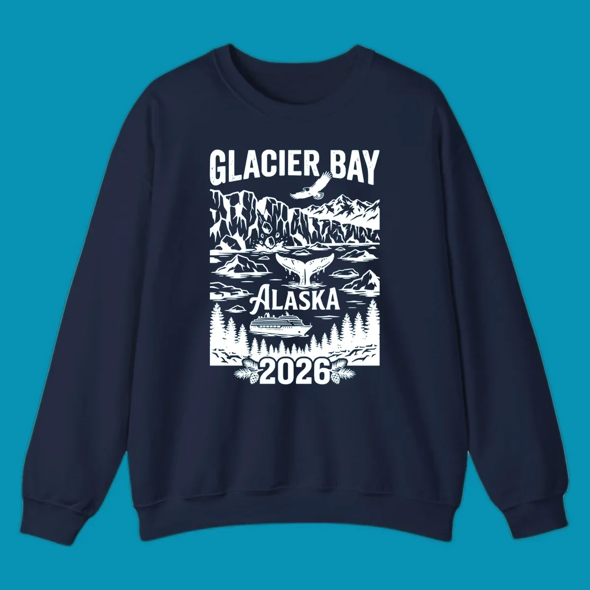 Glacier Bay cruise 2026 design featuring glaciers, bald eagle, whale tail, cruise ship, mountains, and evergreen trees in white illustration on gray background