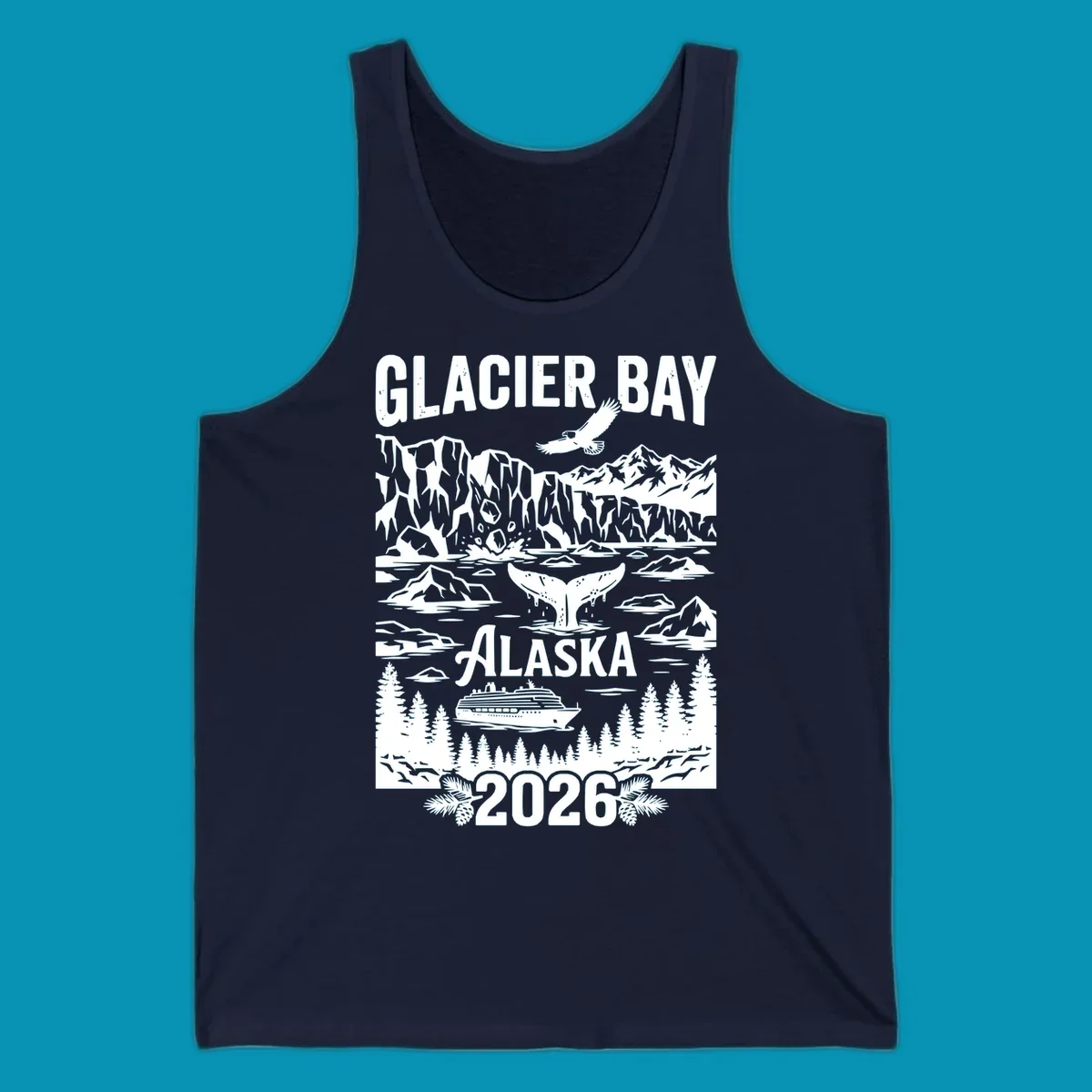 Glacier Bay cruise 2026 design featuring glaciers, bald eagle, whale tail, cruise ship, mountains, and evergreen trees in white illustration on gray background