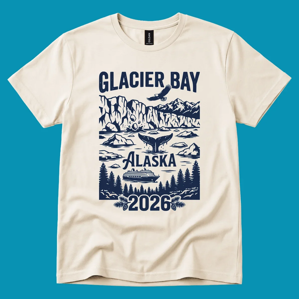 Glacier Bay cruise 2026 design featuring glaciers, bald eagle, whale tail, cruise ship, mountains, and evergreen trees in white illustration on gray background