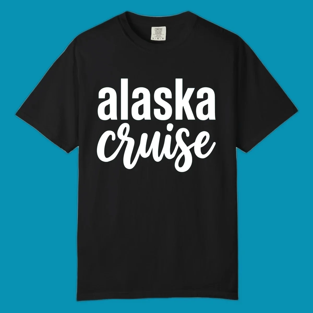 Bold white text reading 'alaska cruise' on gray background, modern typography design for cruise apparel