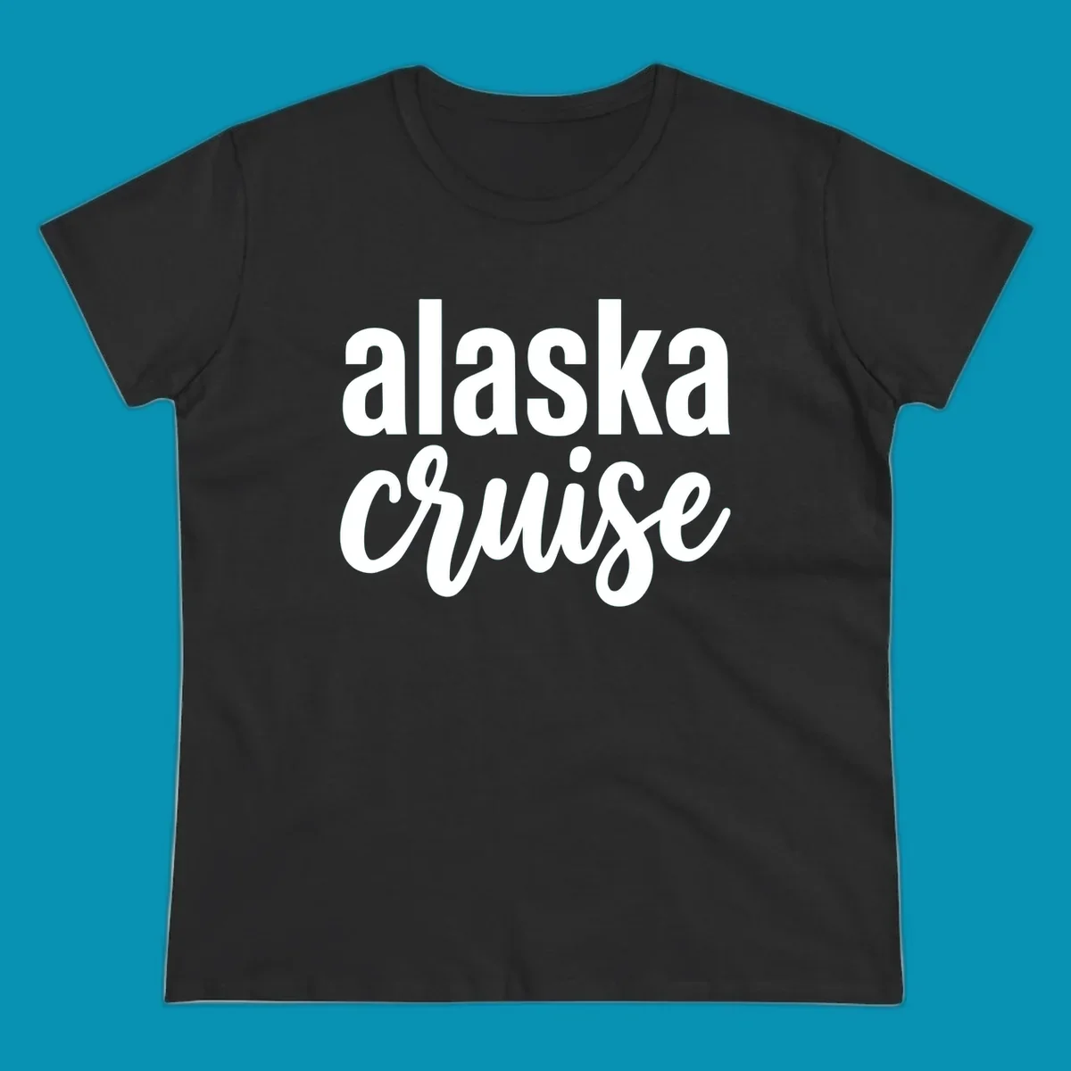 Bold white text reading 'alaska cruise' on gray background, modern typography design for cruise apparel