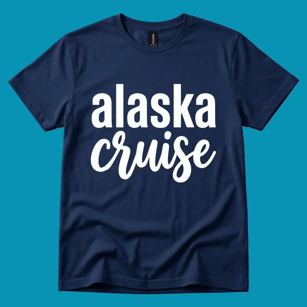 Bold white text reading 'alaska cruise' on gray background, modern typography design for cruise apparel