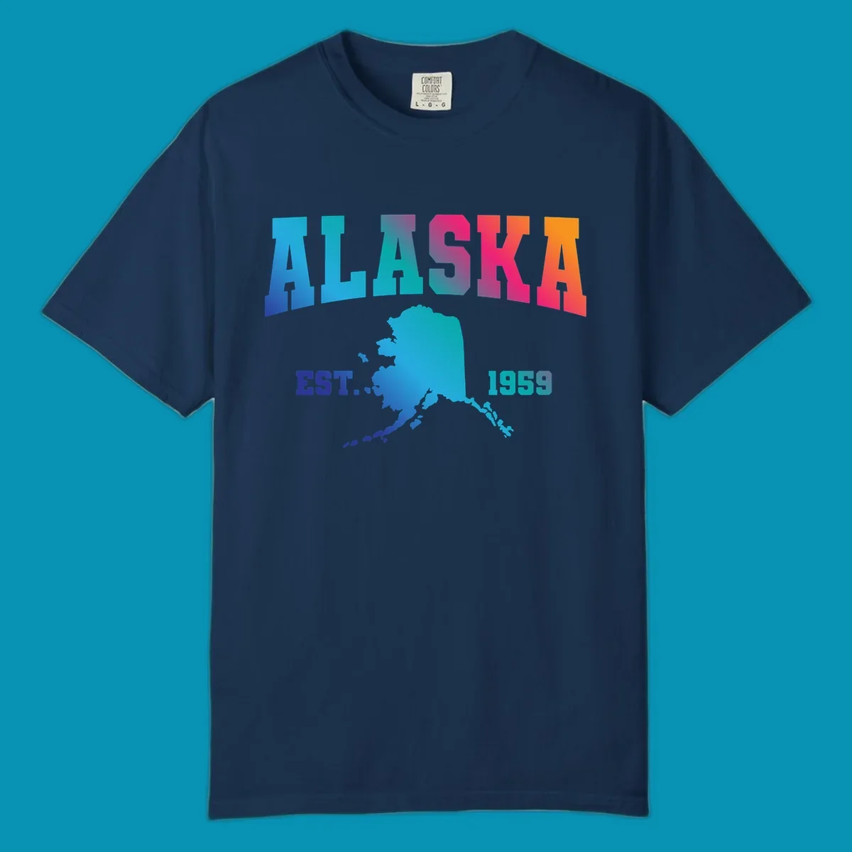Colorful Alaska established 1959 design with gradient text and state map silhouette for cruise shirts