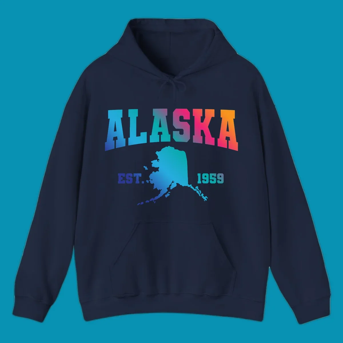 Colorful Alaska established 1959 design with gradient text and state map silhouette for cruise shirts