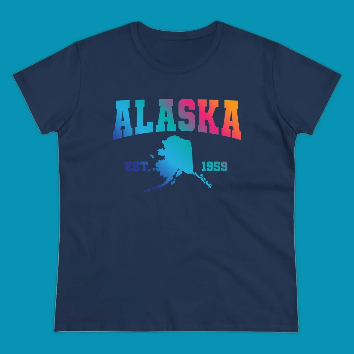 Colorful Alaska established 1959 design with gradient text and state map silhouette for cruise shirts