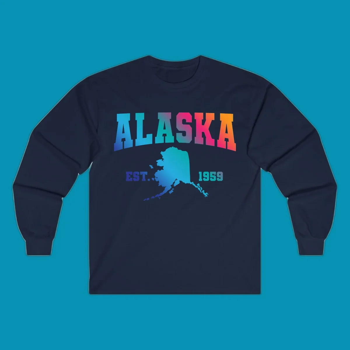 Colorful Alaska established 1959 design with gradient text and state map silhouette for cruise shirts
